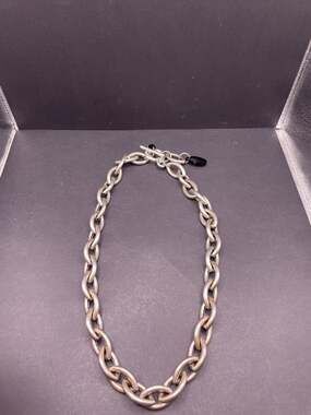 Vintage Large Chunky Cable Links Silver Tone Toggle Clasp Black Charm Necklace